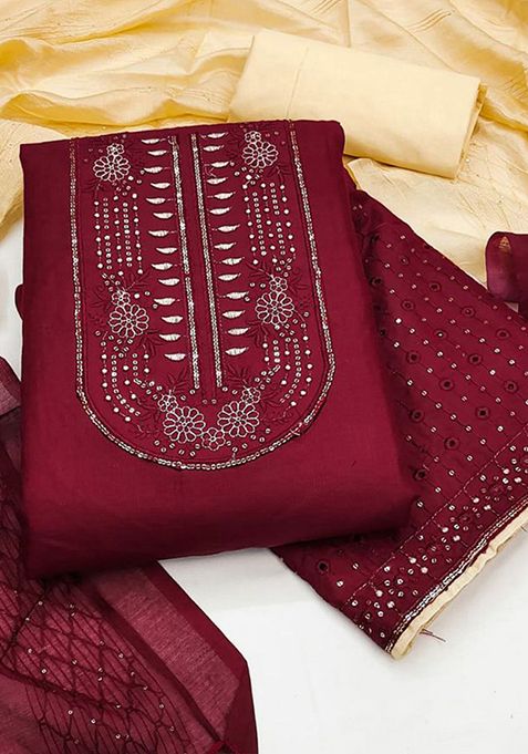 Maroon Sequin Embroidered Cotton Kurta Set