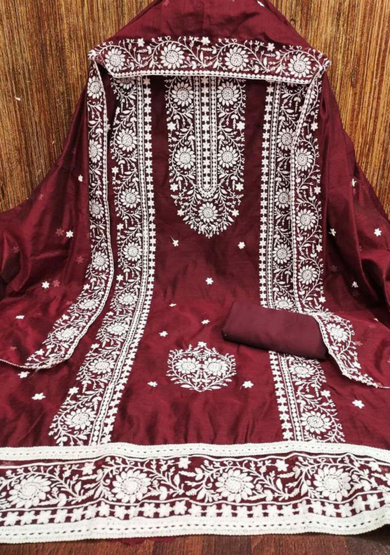 Maroon Sequin Embroidered Silk Kurta Set