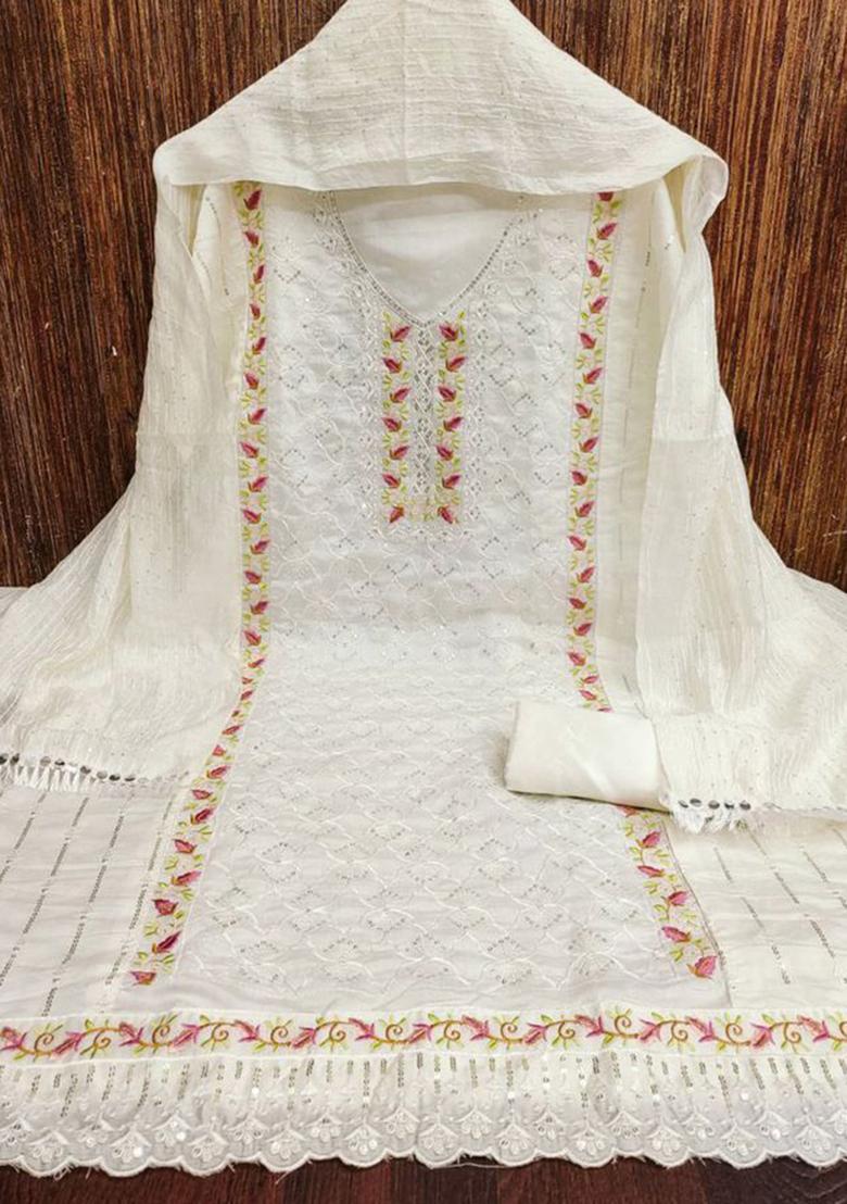 Off White Sequin Embroidered Silk Kurta Set