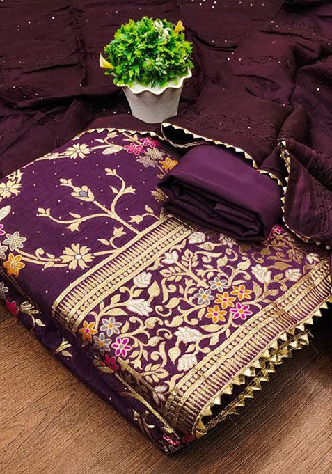 Wine Jacquard Chanderi Silk Kurta Set