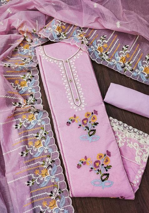 Baby Pink Thread Embroidered Cotton Kurta Set