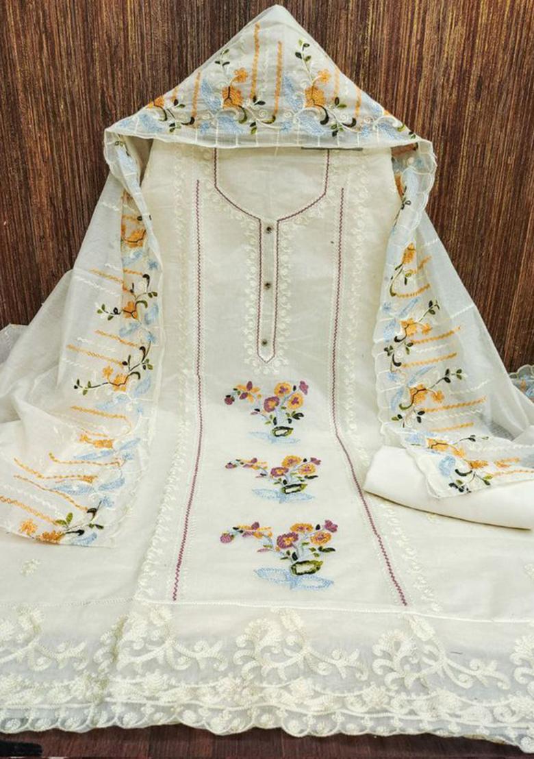 Off White Thread Embroidered Cotton Kurta Set