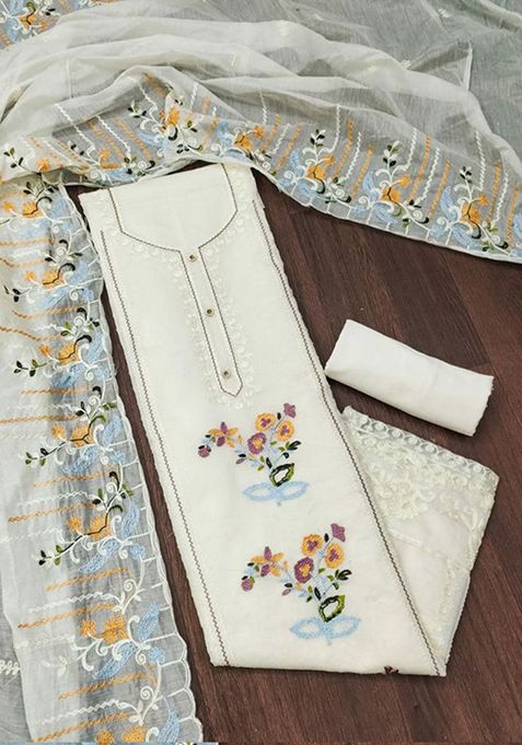 Off White Thread Embroidered Cotton Kurta Set