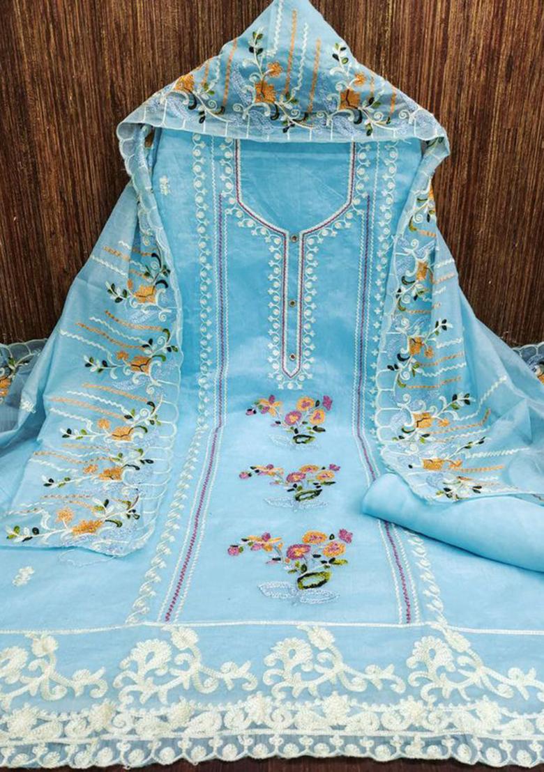 Sky Blue Thread Embroidered Cotton Kurta Set
