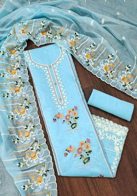 Sky Blue Thread Embroidered Cotton Kurta Set