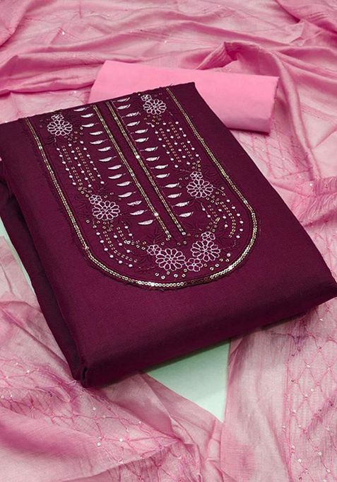 Wine Sequin Embroidered Cotton Kurta Set