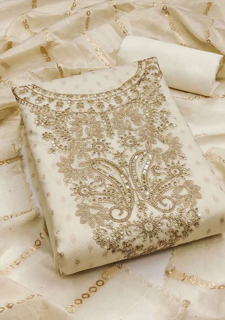 Off White Embroidered Chanderi Straight Kurta Set - Indya