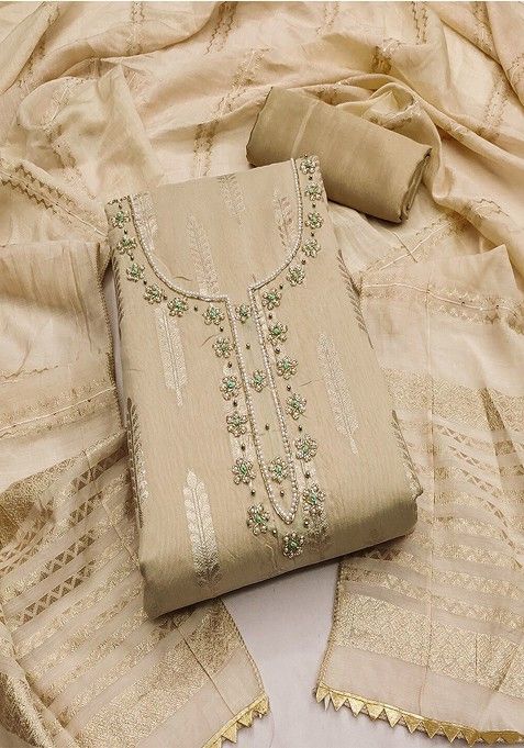 Beige Floral Embroidered Rayon Kurta Set