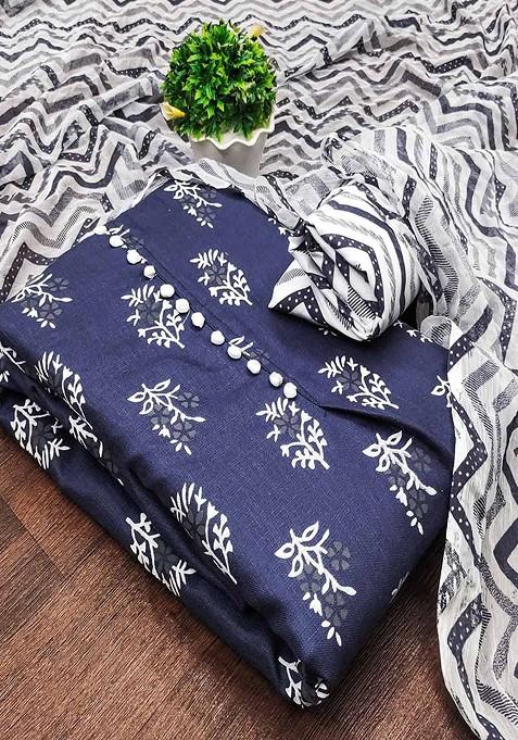 Blue Printed Cotton Blend Kurta Set