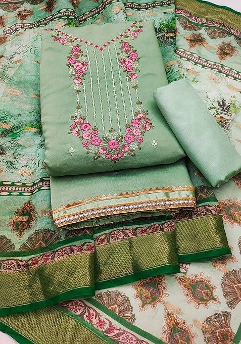 Green Embroidered Rayon Kurta Set