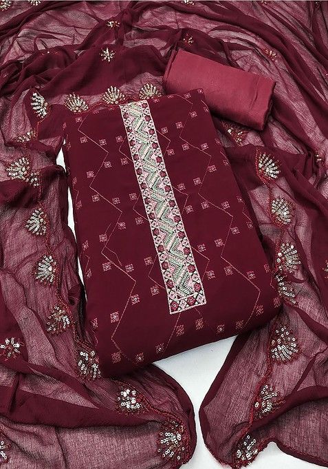 Maroon Floral Embroidered Satin Kurta Set