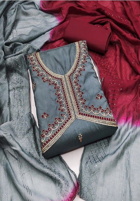 Grey Floral Sequin Embroidered Cotton Blend Kurta Set