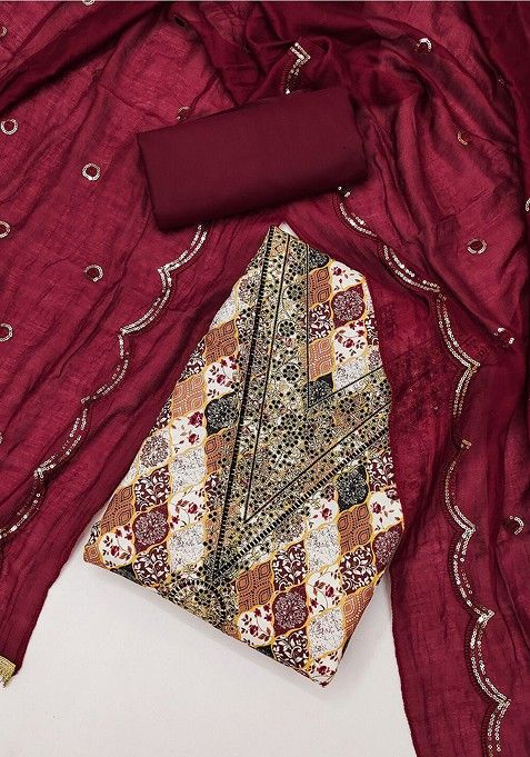 Maroon Ethnic Motifs Printed Cotton Kurta Set