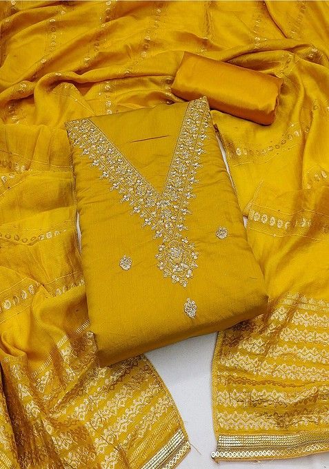 Mustard Yellow Floral Sequin Embroidered Mulmul Cotton Kurta Set