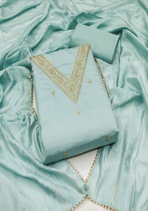 Teal Blue Floral Sequin Embroidered Muslin Kurta Set