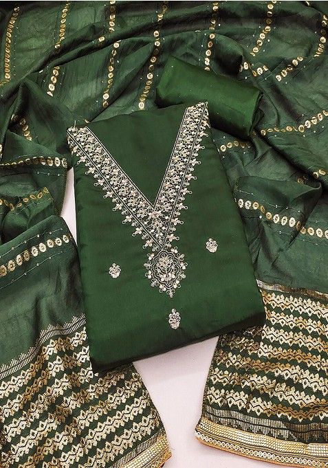 Green Floral Sequin Embroidered Pure Silk Kurta Set