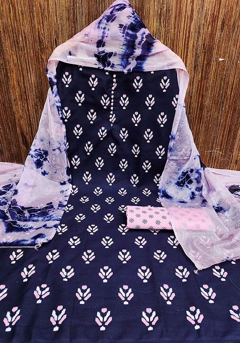 Blue Floral Print Tissue Kurta Set