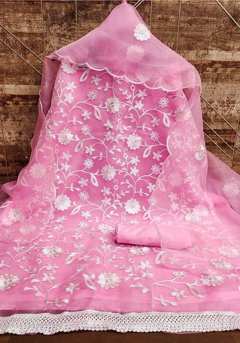 Pink Floral Embroidered Tissue Kurta Set