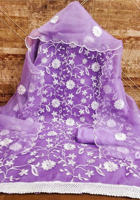 Purple Floral Embroidered Cotton Kurta Set