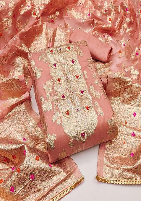 Peach Floral Embroidered Cotton Kurta Set