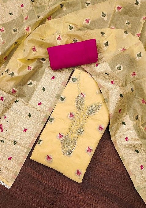 Yellow Floral Embroidered Cotton Kurta Set