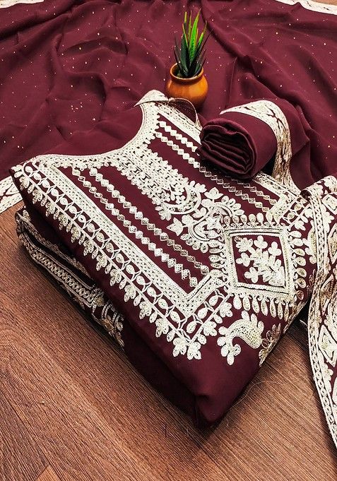 Maroon Embroidered Rayon Kurta Set