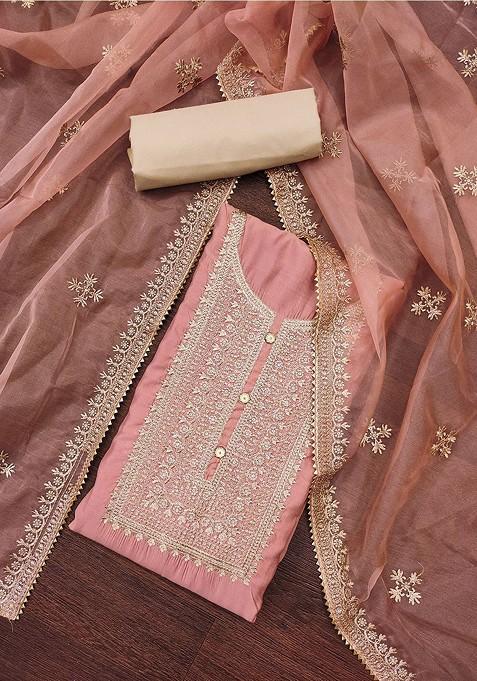 Pink Floral Sequin Embroidered Cotton Blend Kurta Set