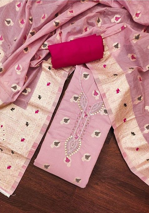 Pink Floral Embroidered Cotton Kurta Set