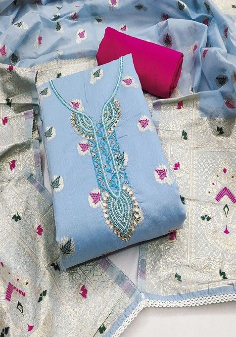 Blue Floral Embroidered Cotton Blend Kurta Set