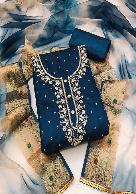 Blue Floral Embroidered Tussar Silk Kurta Set