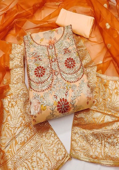 Peach Embroidered Cotton Blend Kurta Set