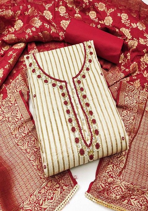 Red Embroidered Cotton Blend Kurta Set