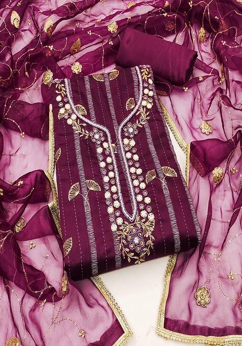 Magenta Floral Bead Embroidered Cotton Kurta Set