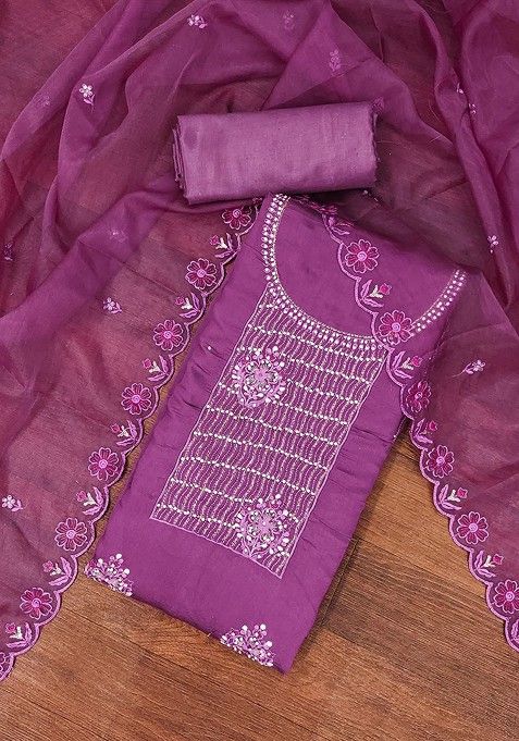 Purple Embroidered Cotton Kurta Set