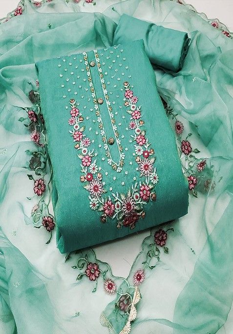 Teal Green Embroidered Cotton Kurta Set