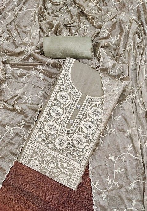 Khaki Embroidered Cotton Kurta Set