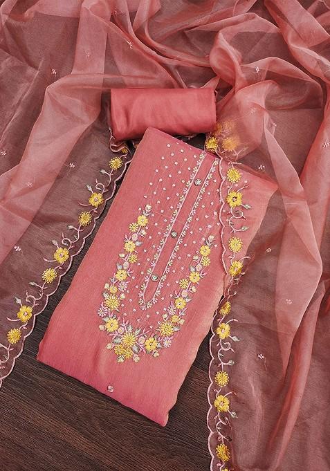 Peach Embroidered Cotton Kurta Set