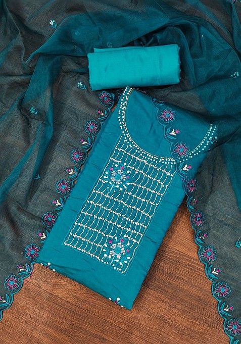 Teal Blue Embroidered Cotton Kurta Set