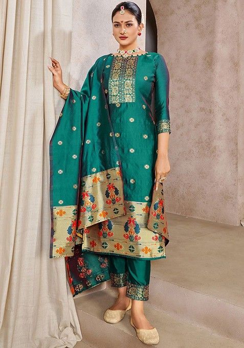 Green Embroidered Cotton Kurta Set