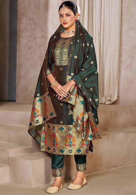 Green Embroidered Cotton Kurta Set