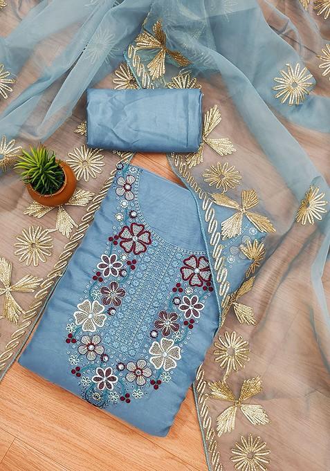 Turquoise Blue Embroidered Cotton Kurta Set