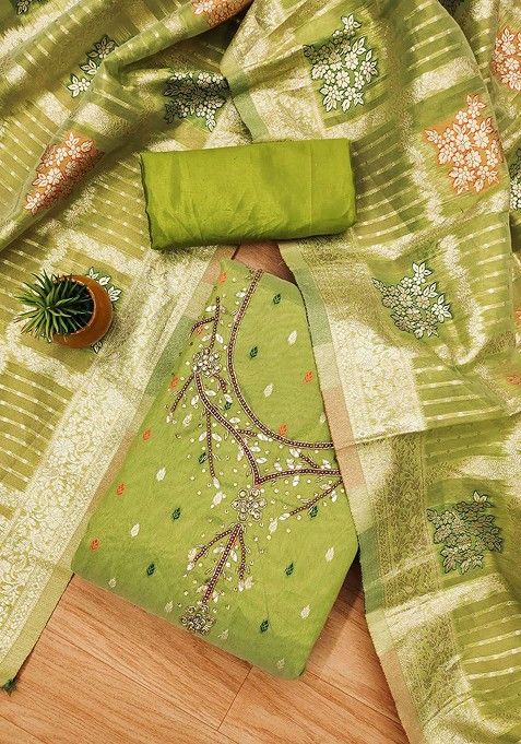 Green Embroidered Cotton Kurta Set