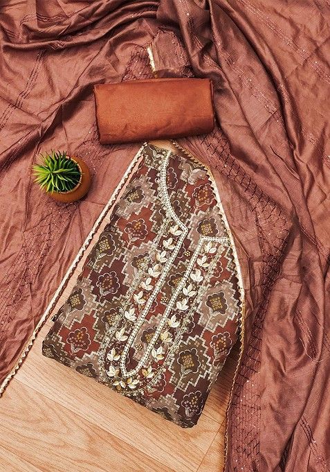 Rust Embroidered Cotton Kurta Set