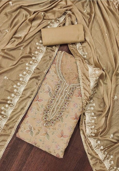 Beige Floral Sequin Embroidered Cotton Kurta Set