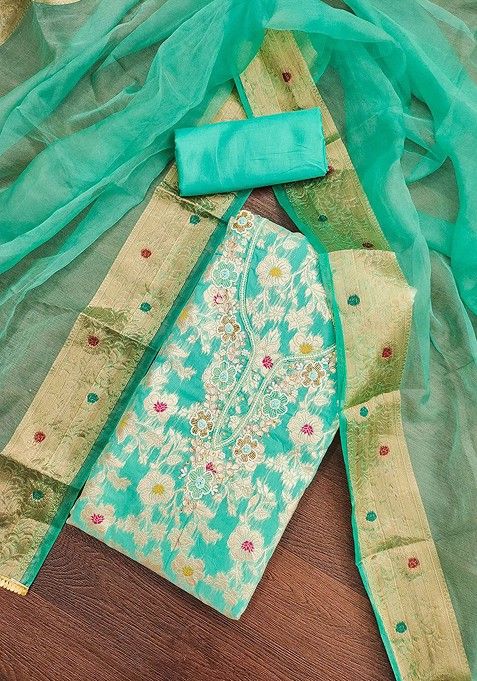 Turquoise Blue Floral Embroidered Cotton Kurta Set