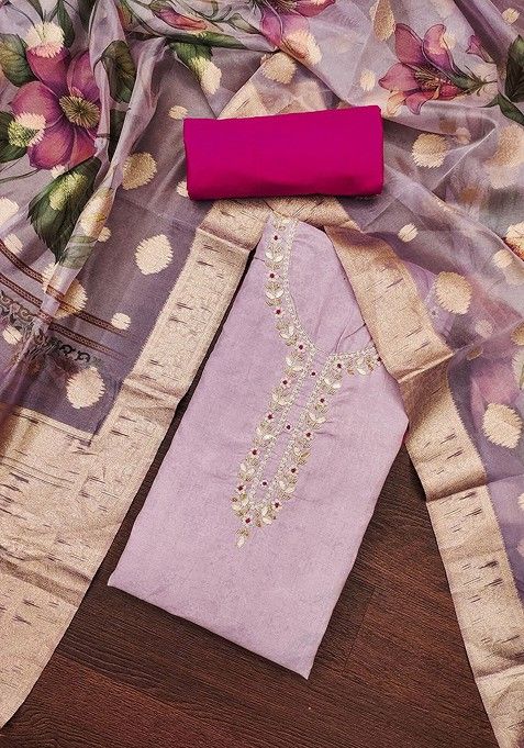 Lavender Floral Embroidered Cotton Kurta Set