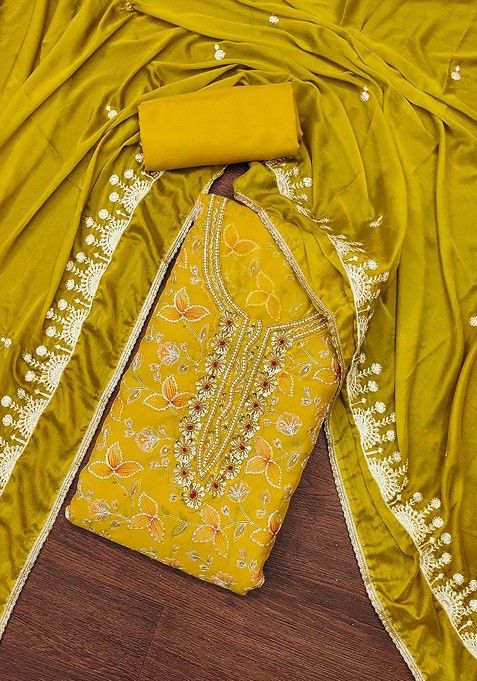 Yellow Floral Sequin Embroidered Cotton Kurta Set