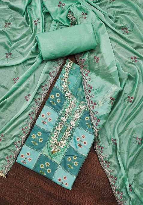 Teal Green Floral Print Cotton Kurta Set