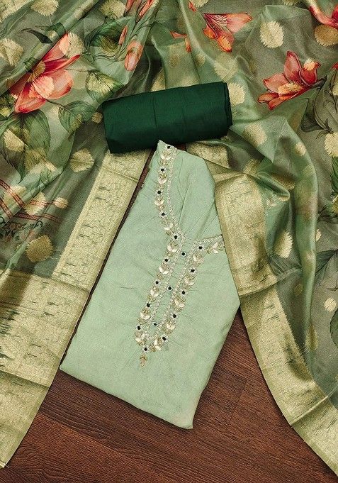 Green Floral Embroidered Cotton Kurta Set