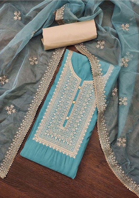 Blue Sequin Embroidered Cotton Kurta Set